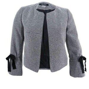 Nine West Womens Black & White Textured Open-Front Jacket W/ Bow Sleeve Accents